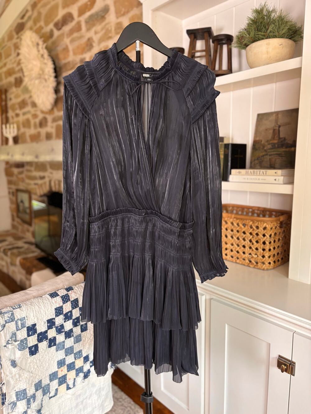 🖤 Current Air Metallic Pleated Tiered Ruffle Mini Dress | Size L | Charcoal